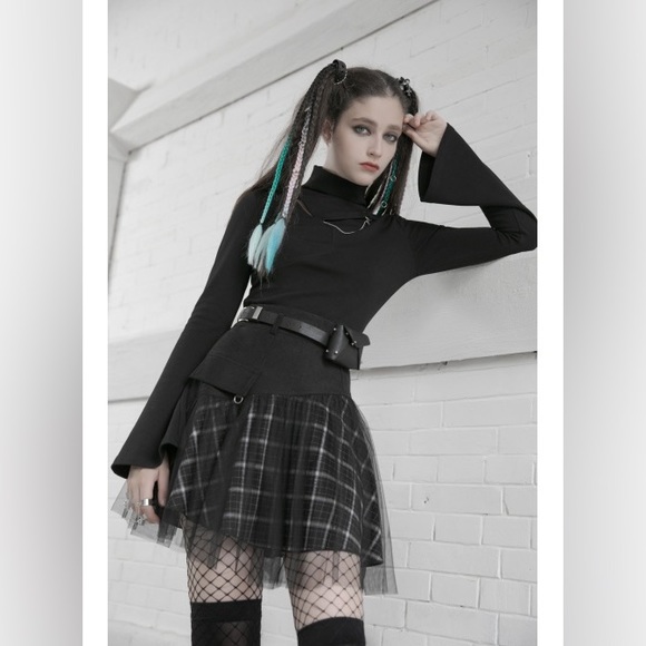 Punk Goth Plaid Mesh Overlay Skirt - Picture 4 of 12